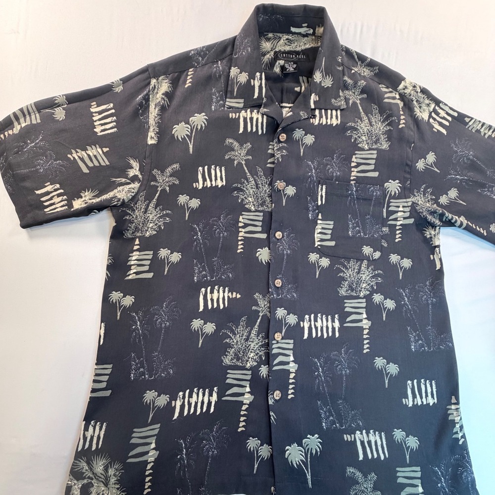 Cotton Reel 100% Silk Hawaiian Camp‎ Shirt Mens Large Navy Palm Trees Aloha